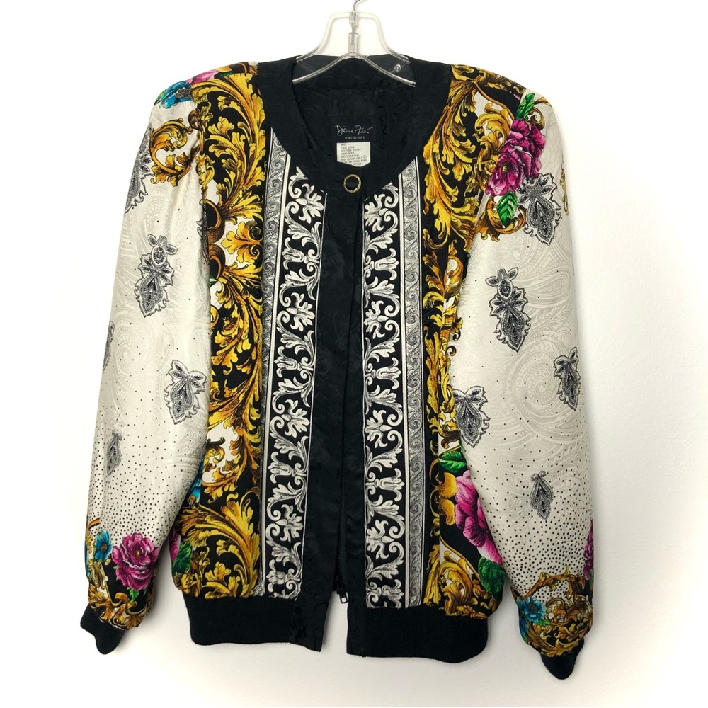 Diane Freis Original Vintage Silk Bomber Jacket with Wool Cuffs